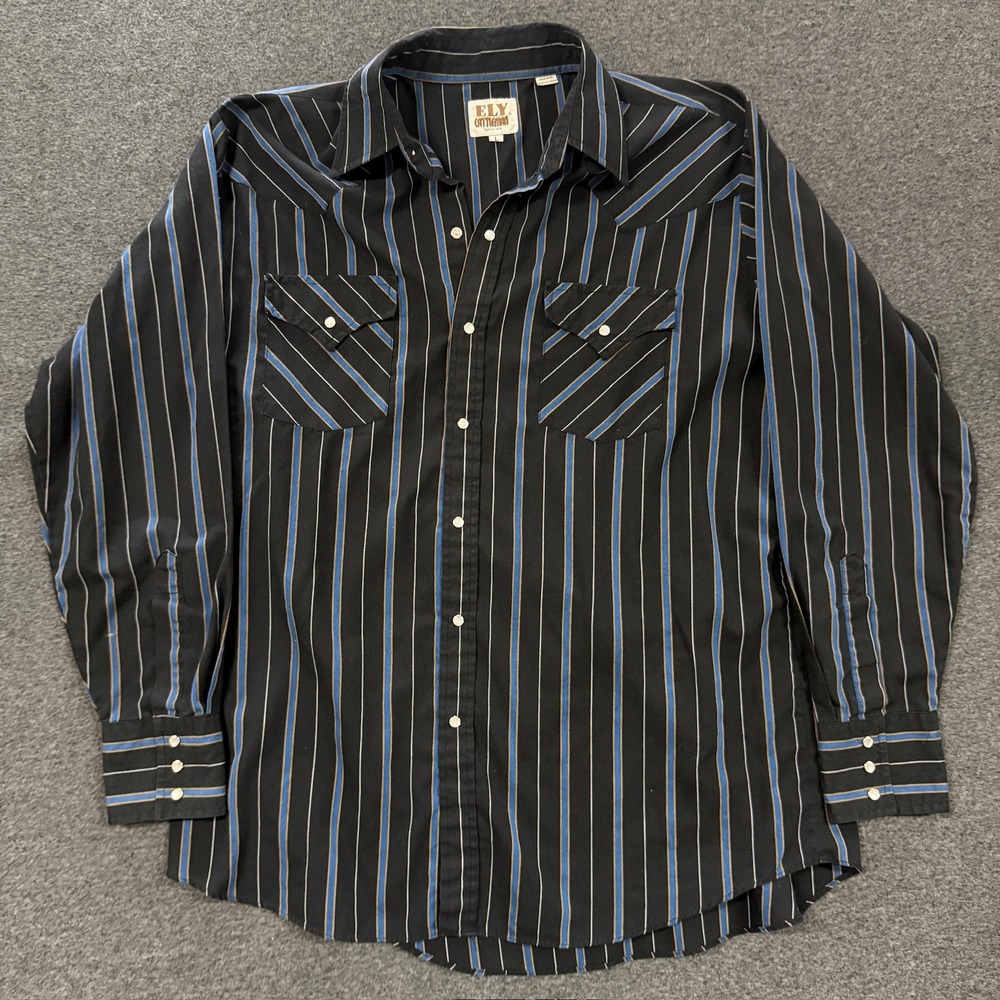 Vintage Ely Cattleman Western Shirt Mens Large Black Good Striped Pearl Snap